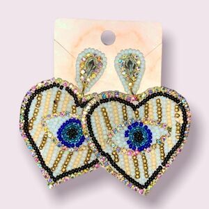 Evil Eye Beaded Heart Statement Rhinestone Studded Post Earrings